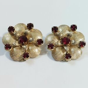 Vintage Clip On Earrings Gold and Garnet Red Gem Stones